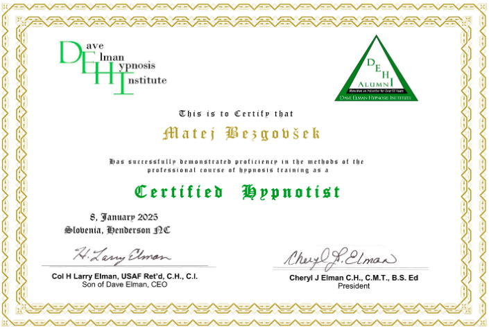 Certifikat Dave Elman Hypnosis Institute – Certified Hypnotist, Matej Bezgovšek