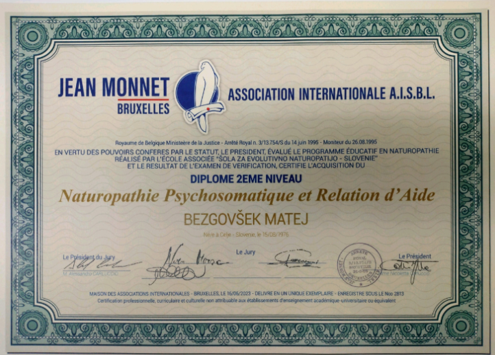 Diploma Jean Monnet Bruxelles – Naturopathie Psychosomatique et Relation d'Aide, Matej Bezgovšek